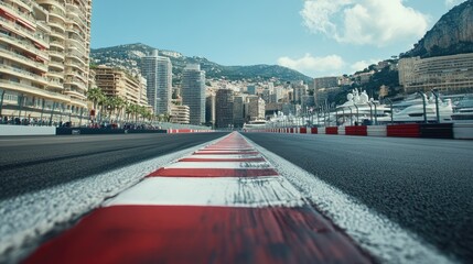 The finish line of the Monaco Grand Prix track, framed by the marina and high-rise buildings, standing silent with no race action.