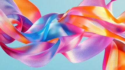 Fototapeta premium Colorful abstract ribbons in pink, blue, and orange tones twist and swirl smoothly on a light blue background. No people.
