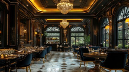 elegant dining hall with crystal chandeliers velvet chairs and goldtrimmed tables soft ambient lighting creates an atmosphere of refined luxury
