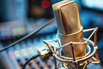 A detailed view of a microphone in a professional recording studio setup