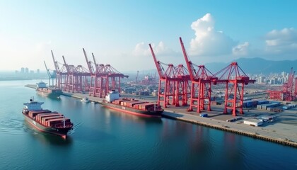  Bustling harbor with vibrant red cranes and ships