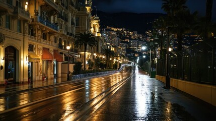 The tight streets of Monaco, part of the Formula One circuit, illuminated at night but completely deserted, with only streetlights reflecting off the track.