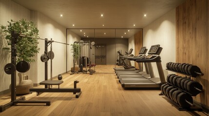 A minimalist Scandinavian-style home gym with a focus on natural materials