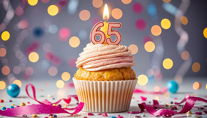 Birthday cupcake with burning lit candle with number 65. Number sixty-five for sixty-five years or sixty-fifth anniversary.