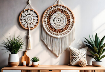 Living room interior in eco style with boho decorative elements