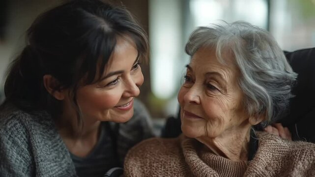 A young woman affectionately leaning close to her grandmother with a smile