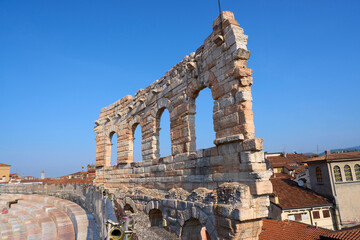 Arches and details of architecture of the famous ancient roman amphitheater Arena di Verona, Italy....