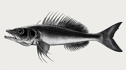 Detailed black and white illustration of sharp fish with fins