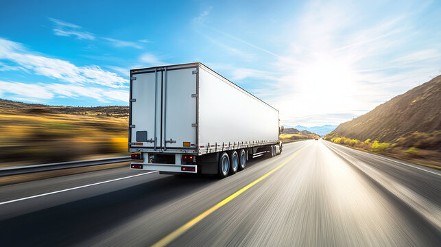 Rear view of a truck with a cargo container driving on a highway. Fast delivery concept
