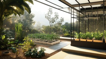 Obraz premium A modern Scandinavian-inspired home greenhouse with a minimalist design