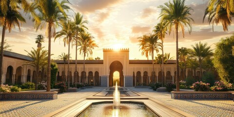 A serene garden with palm trees and a fountain, illuminated by a sunset.