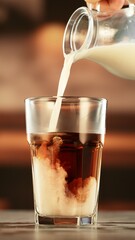 Pouring Milk into Coffee Drink in Detail.