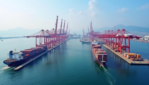  Bustling harbor with cargo ships and towering cranes