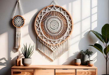Living room interior in eco style with boho decorative elements