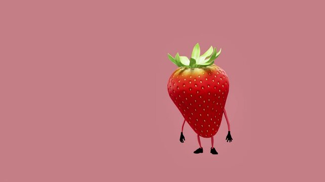 A 3D animated strawberry character dancing energetically. The scene showcases playful and lively movements, blending the charm of a colorful fruit with fun and vibrant digital animation.