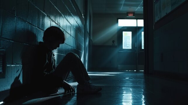 Silhouette of a Person Sitting Alone in a School Hallway