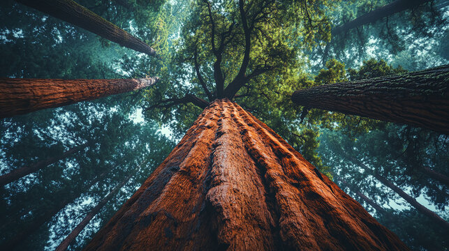 Amazing bottom up view of huge redwood trees in forest