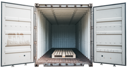 full Freight transportation and shipping concept, front view of open empty cargo container with open doors, isolated on white background.