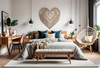Bedroom interior in boho eco style with decorative elements