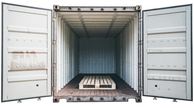 full Freight transportation and shipping concept, front view of open empty cargo container with open doors, isolated on white background.