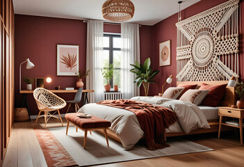 Bedroom interior in boho eco style with decorative elements