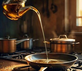 Pouring Oil into Frying Pan in Morning Light