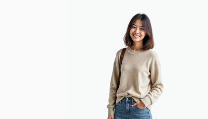 Portrait of a young Asian college girl in casual attire, smiling against a white background.