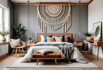 Bedroom interior in boho eco style with decorative elements