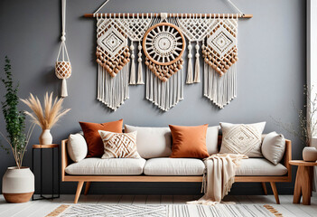 Living room interior in boho eco style with decorative elements and wonderful view
