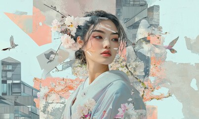 Fototapeta premium Abstract portrait of a woman with floral elements.
