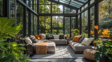 A modern Scandinavian-style conservatory with large glass panels