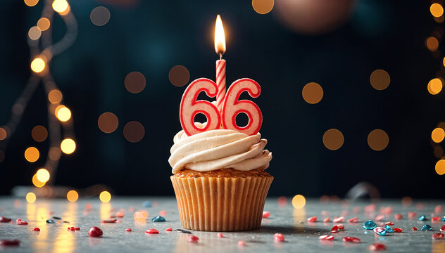 Birthday cupcake with burning lit candle with number 66. Number sixty-six for sixty-six years or sixty-sixth anniversary.