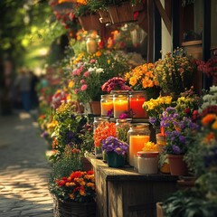 A picturesque flower stand along a rural road, with jars of scented candles among the fresh blooms, attracting customers with delightful fragrances and vibrant colors. Scented candle