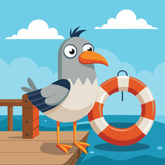 A goofy seagull with a life preserver around its neck, standing on a pier with a curious expression.