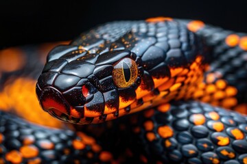 Fototapeta premium A close-up view of a black and orange snake's body, showing its scales and pattern
