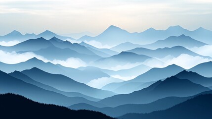 A scenic panoramic view of a misty mountain range with blue hues and a cloudy sky.