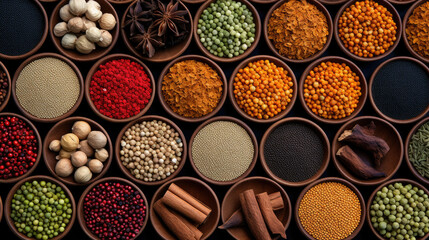 spice background, top view. seasoning in cups
