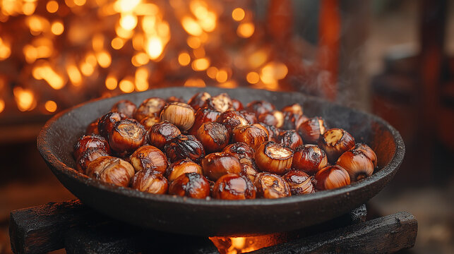 Roasted chestnuts in pan over fire for festive New Year and Christmas celebration