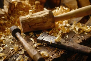 Close-up view of various woodworking tools and accessories on a table, ideal for use in DIY or crafting projects