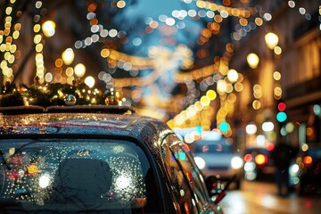 A vehicle decorated with festive holiday lights on its roof, perfect for winter scenes or seasonal marketing materials