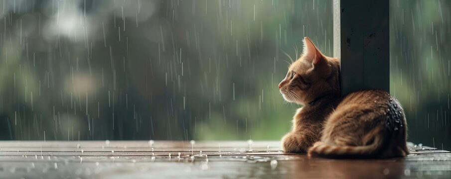 Cat sheltering under a porch as heavy rain falls outside, looking out at the stormy weather