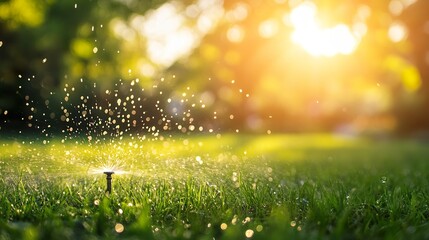 Close-up of automatic lawn sprinkler watering on green grass. Sprinkler with automatic system. Garden irrigation system watering lawn. Sprinkler system maintenance service.