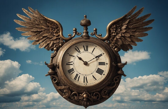 vintage clock with wings, floating in the sky, symbolizing the passage of time