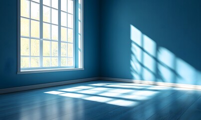 Empty blue room with bright sunlight shining through window onto floor , Generative AI