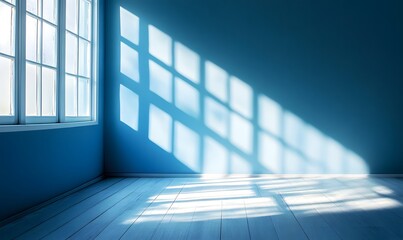 Empty blue room with bright sunlight shining through window onto floor , Generative AI