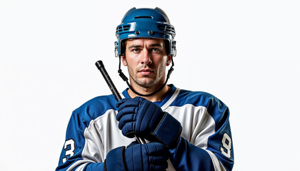 Fototapeta premium Portrait of a determined hockey player in full gear, showcasing readiness and focus.