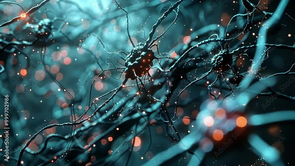 Poster active neurons in a complex network of synapses, representing brain activity and concepts like neura