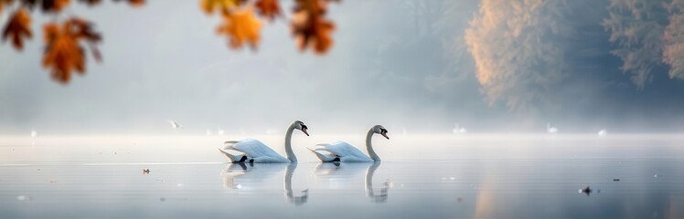 Fototapeta premium Swans gliding across a foggy lake at dawn, surrounded by mist and early morning tranquility