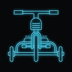 Blue neon icon of a tricycle glowing on a black background