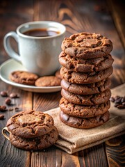 A cozy stack of chocolate cookies beside a steaming cup of coffee on a rustic wooden table in the afternoon light